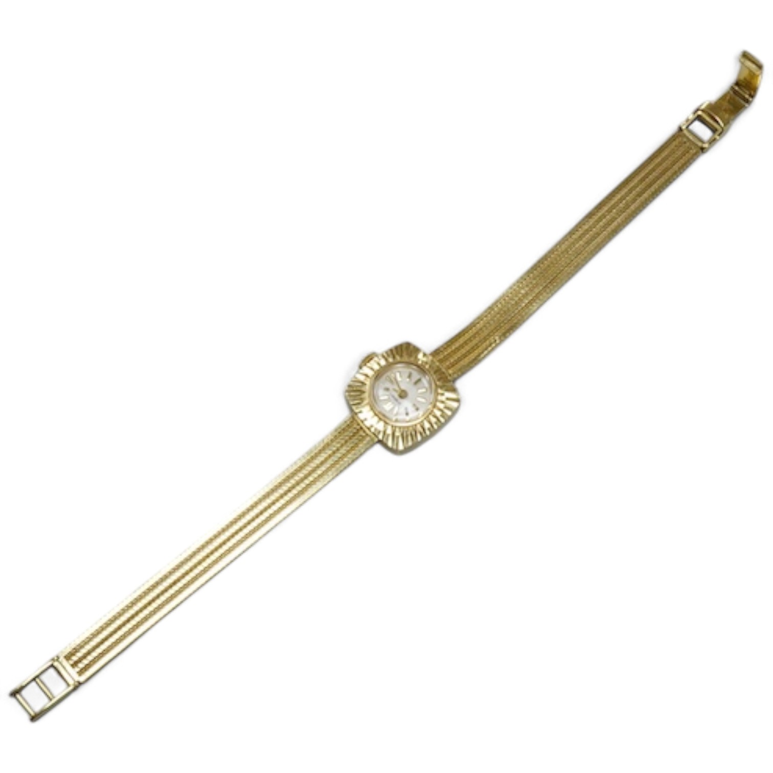 A lady's modern 18ct gold Cortebert manual wind wrist watch, with baton numerals, on 18ct gold integral strap, case diameter 18mm, overall length 17.7cm, gross weight 22 grams.